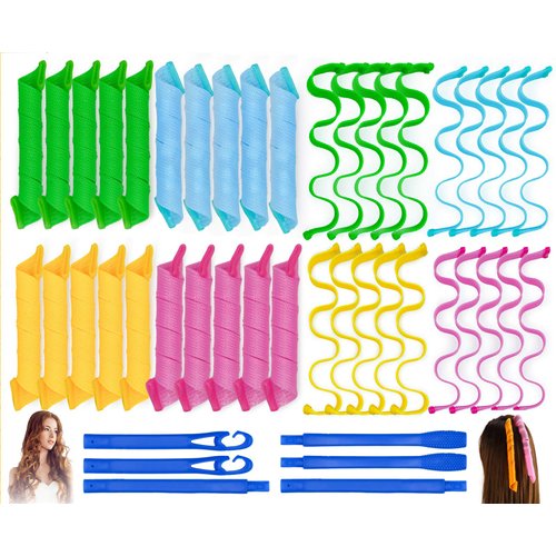 40PCS Hair Curlers Heatless Magic Hair Rollers Wave and Spiral Two Styles Formers(20inches) with 6PCS Styling Hooks Kit No Heat Damage for Most Hairstyles Short and Medium Hair