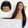 MACA BAKA Highlight Red Long Straight Synthetic Lace Front Wig Glueless Colored Skunk Stripe Red Mixed Black 13x4 Lace Front Wigs for Women Pre Plucked with Baby Hair 24 Inches 150 Density