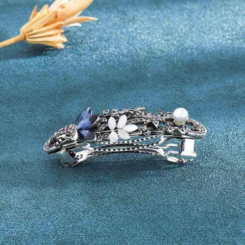 Olbye Rhinestone Hair Clip Silver Hair Clip Pearl Hair Barrette Holder For Women and Girls 1Pcs