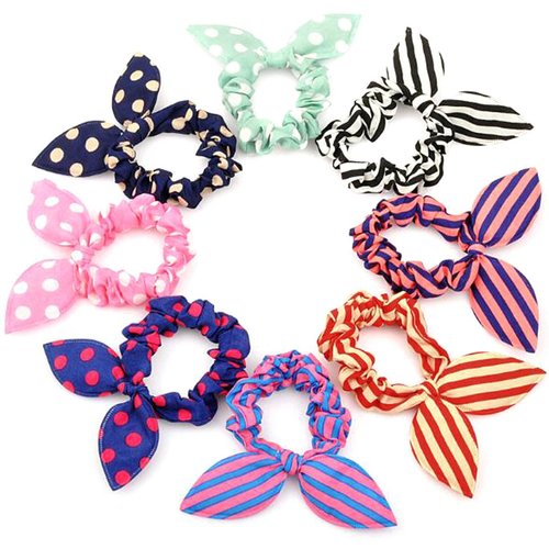 Nicedmm Cute Womens Wave Point Stripe Bunny Ear Elastic Hair Circle - Colorful Hair Rope Hair Bow Tie - Random Colors and Patterns (20 PCS)