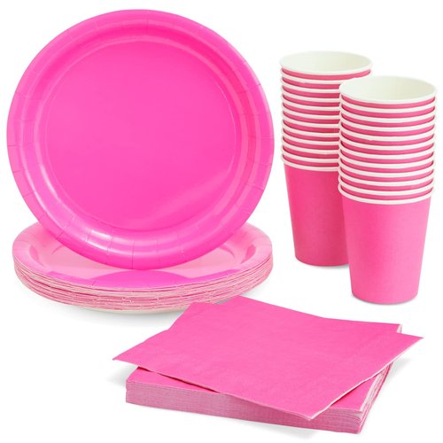 Juvale 72 Pieces of Hot Pink Party Supplies with Paper Plates, Cups, and Napkins for Birthday Decorations (Serves 24)