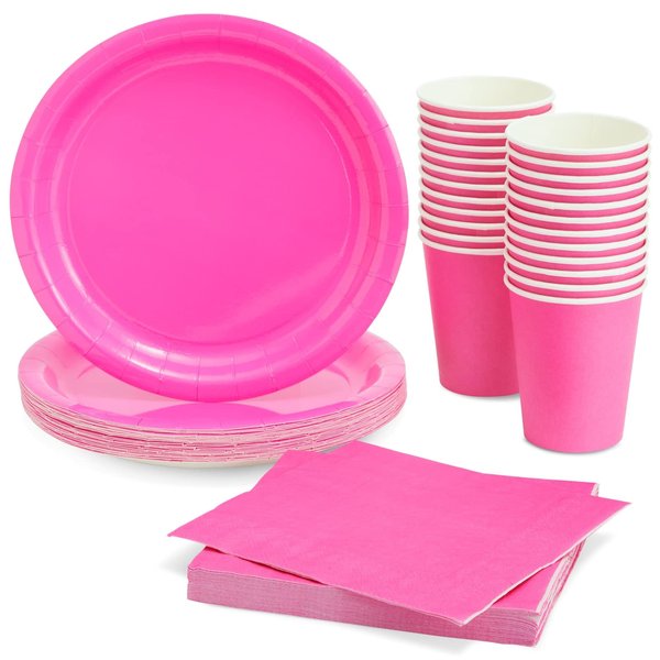 Juvale 72 Pieces of Hot Pink Party Supplies with Paper Plates, Cups, and Napkins for Birthday Decorations (Serves 24)