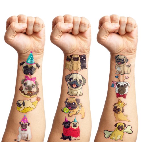 86 PCS Pug Temporary Tattoos Themed Birthday Party Decorations Supplies Favors Decor Cute Dog Puppy Stickers Gifts for Kids Girls Boys School Prizes Rewards