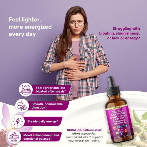 NURAFUSE Liposomal Saffron, Ashwagandha, Bilberry, Turmeric, Rhodiola Liquid Drops – 1000mg per Serving, Ultra Potent, Natural Taste, USA Made & Lab Tested – 2 FL OZ (60ml)