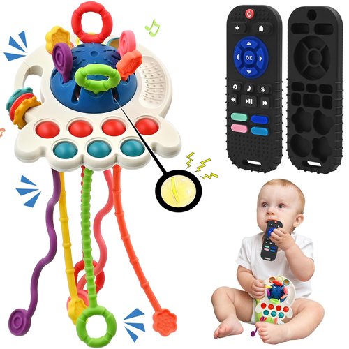 AiTuiTui Sensory Montessori Baby Teething Toys, Silicone Remote Control Teether Toddler Travel Toys for 3 6 9 18 Months, Educational Learning Toys for Infant Newborn Boy Girl Birthday Gifts