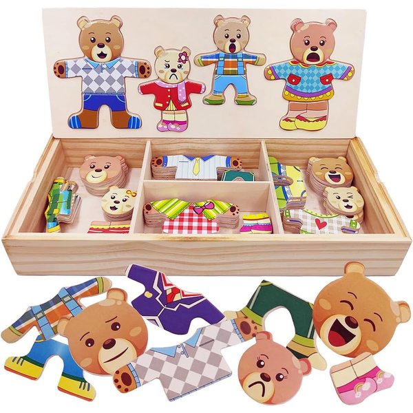 LilyBeauty Wooden Bear Family Dress-up Puzzle Box for Toddlers(72pcs),Change Clothes Puzzle Games, Preschool Learning Activities Toys for Kids Ages 3+