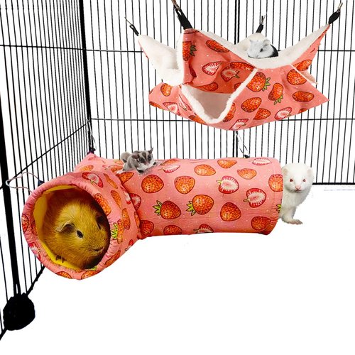 LEFTSTARER Pet Small Animal Hanging Hammock Ferret Bunkbed Cage Toy for Hamster Rat Sugar Glider Parrot Guinea Pig Hideout Play Sleep (Strawberry)