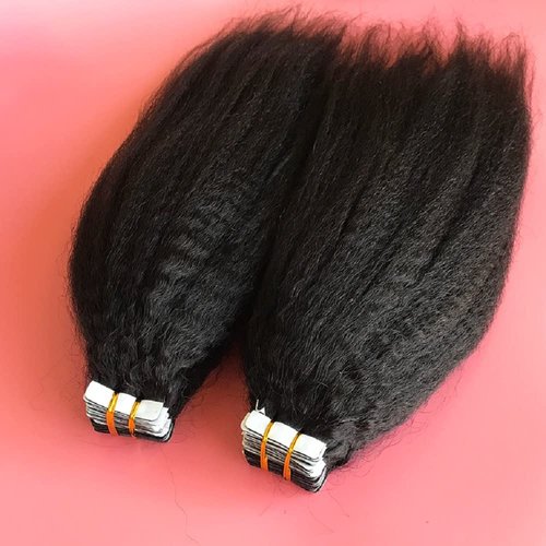 Tape in Human Hair Extensions Kinky Straight Skin Weft Remy Hair 100g/pack 40pcs Adhesive Tape in Hair Extensions Black and Dark brown color (18inch, Natural color)