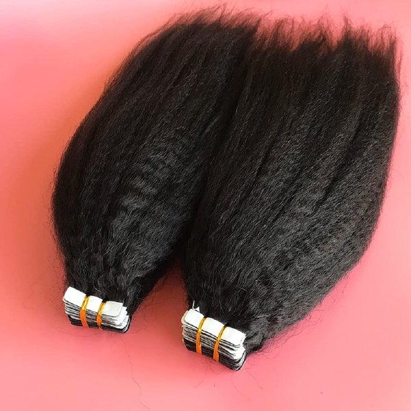 Tape in Human Hair Extensions Kinky Straight Skin Weft Remy Hair 100g/pack 40pcs Adhesive Tape in Hair Extensions Black and Dark brown color (18inch, Natural color)
