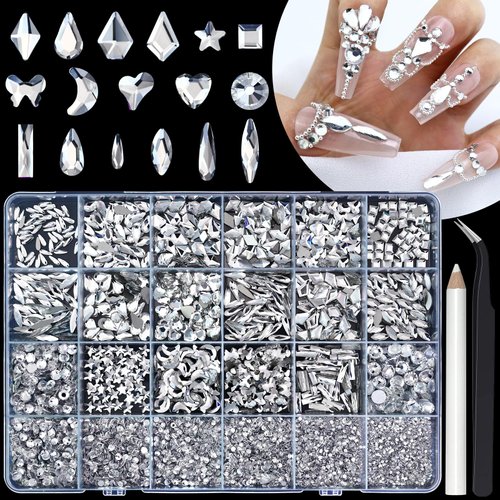Dowarm Crystal Clear 6000pcs Nail Rhinestones, 16 Types of 800PCS Special-Shaped Diamonds+5200PCS Flatback Rhinestones, 3D Crystal Glass Rhinestones for Nail Crafts Decoration, White Gem Stones Charm