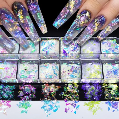 12 Colors Holographic Chrome Nail Art Glitter Sequins Iridescent Ice Slag Chunky Nail Glitter Flakes Mermaid Nail Sequins Colorful Fluorescent Glass Paper Nail Art Decoration for Face Hand Body DIY