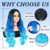 HANNE Long Blue Wavy Wigs for Women 26 Inch Middle Part Blue Ombre Wig Body Wave Long Curly Synthetic Wig Heat Resistant Black and Blue Wigs Colorful Hair Wigs for Daily Party Cosplay Use (Ombre Blue)