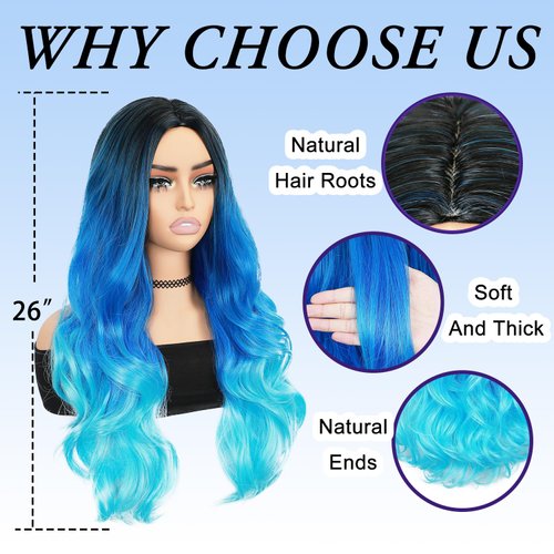 HANNE Long Blue Wavy Wigs for Women 26 Inch Middle Part Blue Ombre Wig Body Wave Long Curly Synthetic Wig Heat Resistant Black and Blue Wigs Colorful Hair Wigs for Daily Party Cosplay Use (Ombre Blue)