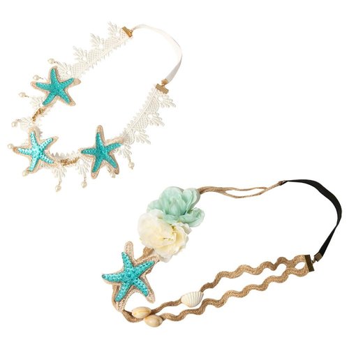 Lurrose Seashell Lace Hairbands Ocean Sea Star Shell Headbands 2pcs Elastic Flowers Forehead Hairband Mermaid Hair Band Hair Accessories for Women Bridal