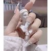 Valentines White Long Press On Nails French Pearl 3D Peach Heart Bowknot Coffin Fake Nails 24 Pcs