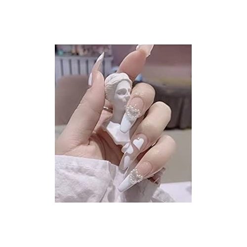 Valentines White Long Press On Nails French Pearl 3D Peach Heart Bowknot Coffin Fake Nails 24 Pcs