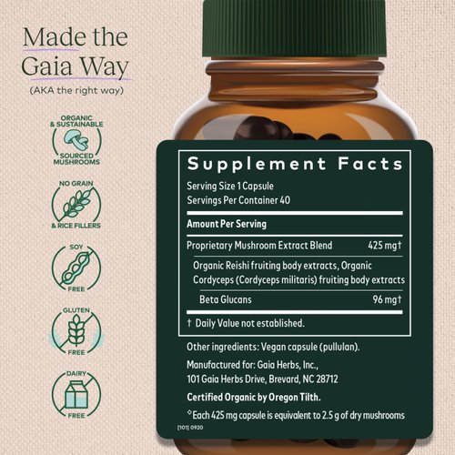Gaia Herbs Respiratory Mushroom Blend - Immune Support Herbal Supplement to Help Maintain Overall Lung and Respiratory Health - WIth Reishi and Cordyceps* Mushrooms - 40 Vegan Capsules (40-Day Supply)