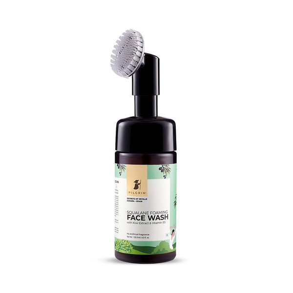 Pilgrim Squalane Foaming Face Wash with Silicon Brush | Enriched with Kiwi Extract & Vitamin B5 | Non-Drying Hydrating Cleanser | Removes Dirt, Makeup & Skin Impurities | 4.05 Fl Oz (120ml)