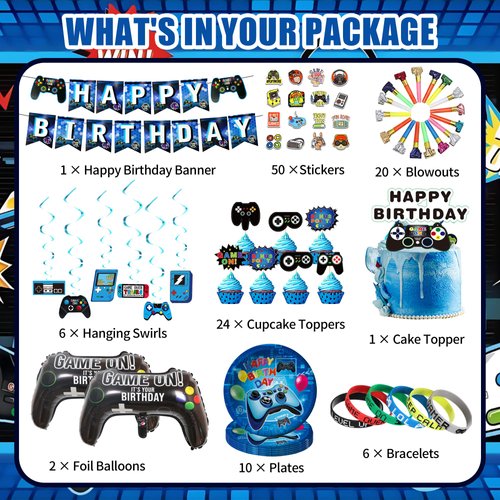 VOFGODI Video Game Birthday Decorations, 240Pcs Gaming Party Decorations for 10 Guests Banners, Balloons and Tablecloths, Boys Birthday Party Set Blue