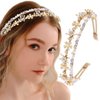 Firuilo Gold Double Headbands Gray Pearls Hair Bands Bling Crystal Rhinestones Head Bands Bride Weeding Diamond Hair Hoop for Women and Girls