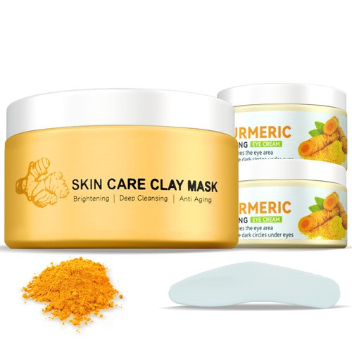 Turmeric Face Clay Mask, Under Eye Cream Skincare Kit, 1pack Vitamin C B5 Deep Cleansing Facial Mask Overnight Face Mask for Pores, 2pc Hydrating Eye Cream for Dark Circles, Puffiness