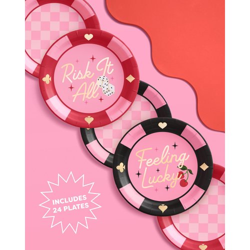 xo, Fetti Feeling Lucky Paper Plates - 24 pcs | Casino Bachelorette Decoration, Vegas Birthday Party Tablescape, Poker Night Bach Decor