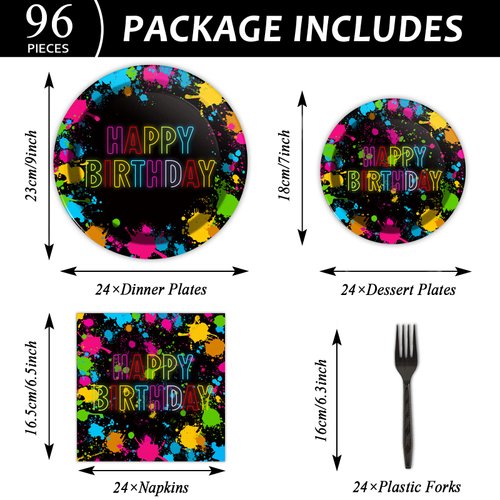 96 Pcs Neon Party Paper Plate and Napkins Neon Birthday Party Decorations Glow in the Dark Birthday Paper Supplies Disposable Glow Tableware for Party Favors 24 Guests
