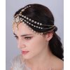 Aimimier Boho Teardrop Crystal Head Chain Layered Faux Pearl Forehead Chain Wedding Headpiece for Women (Gold)