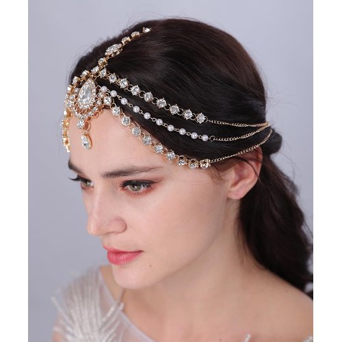 Aimimier Boho Teardrop Crystal Head Chain Layered Faux Pearl Forehead Chain Wedding Headpiece for Women (Gold)