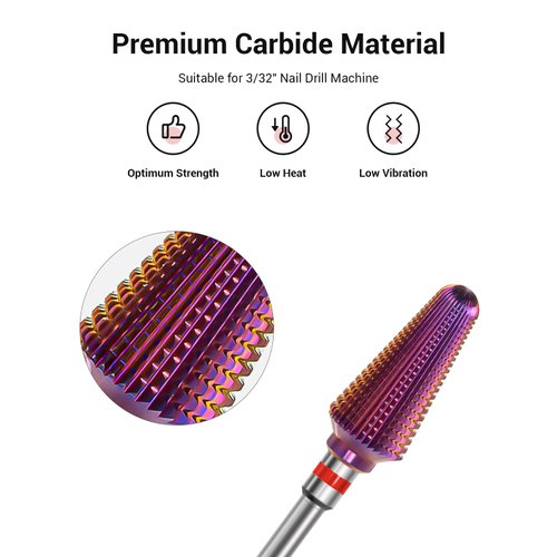 MelodySusie Professional Tornado Nail Drill Bits, 3/32'' Carbide Tungsten Multi-function Bits, Suitable for Manicure Pedicure Cuticle Gel Polishing, Salon Bits, Purple, Series Bit-X, Fine
