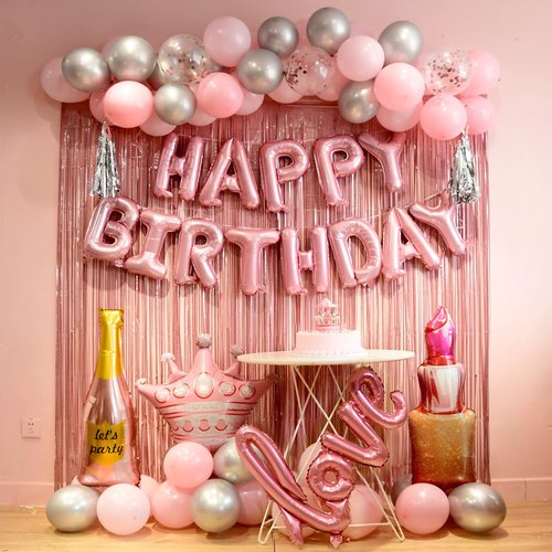pink birthday decorations for women ，happy birthday party decorations for girls，pink Fringe Curtain，happy birthday banner，happy birthday balloons，happy birthday balloon letters