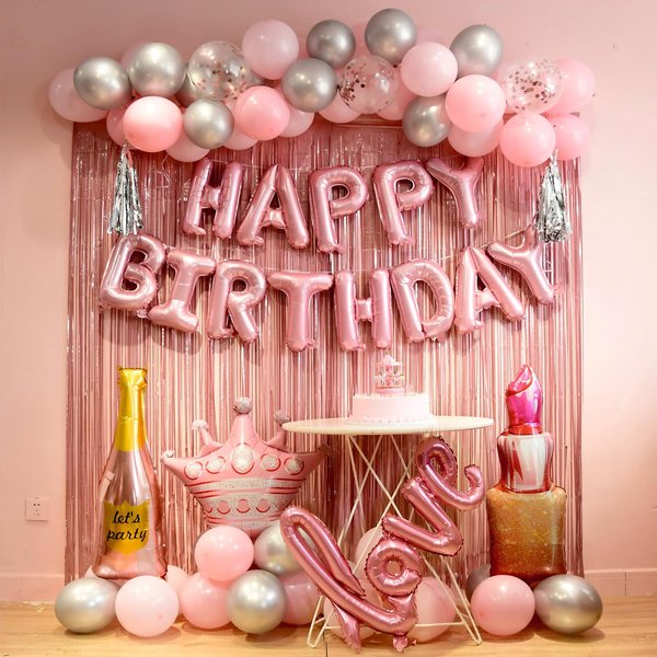 pink birthday decorations for women ，happy birthday party decorations for girls，pink Fringe Curtain，happy birthday banner，happy birthday balloons，happy birthday balloon letters