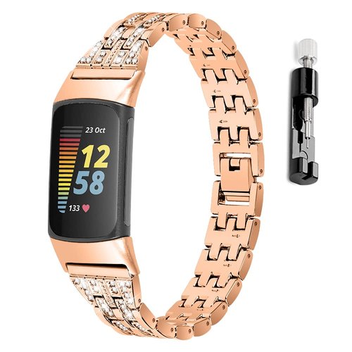 Uzviyo Compatible for Fitbit Charge 5 Watch Band, Adjustable Bling Jewelry Metal Stainless Steel Strap Wristband Replacement for Fitbit Charge 5 with Removal Tool Women Men (Rose-Gold)