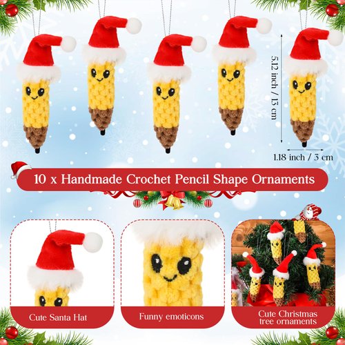 Meooeck 10 Sets Christmas Teacher Thank You Gifts Christmas Crochet Pencil Shape Ornaments with Santa Hat for Christmas Tree Crochet Appreciation Gifts for Teacher