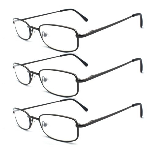 EYE ZOOM 3 Pack Classic Readers Rectangular Metal Reading Glasses for Men and Women, Gunmetal, +2.00 Strength