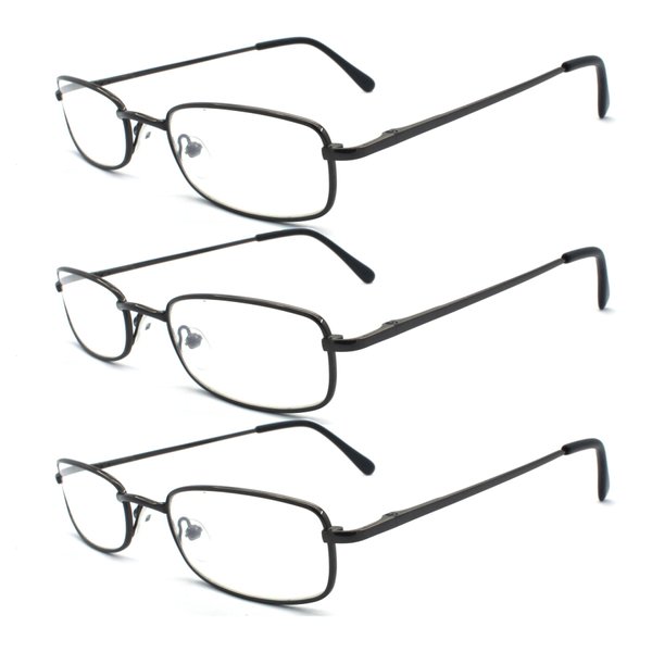 EYE ZOOM 3 Pack Classic Readers Rectangular Metal Reading Glasses for Men and Women, Gunmetal, +2.00 Strength