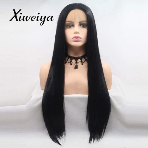 Xiweiya Thick and Long Black Lace Front Wigs 1B# Silky Straight 13x4 Lace Front Wig for Women Heat Resistant Fiber Hair Replacement Wig Natural Hairline Soft Black Hairs Wig 24 inch