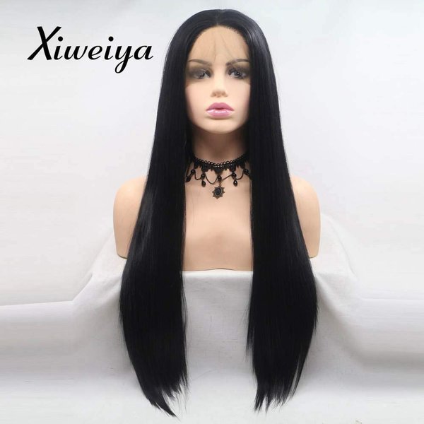 Xiweiya Thick and Long Black Lace Front Wigs 1B# Silky Straight 13x4 Lace Front Wig for Women Heat Resistant Fiber Hair Replacement Wig Natural Hairline Soft Black Hairs Wig 24 inch