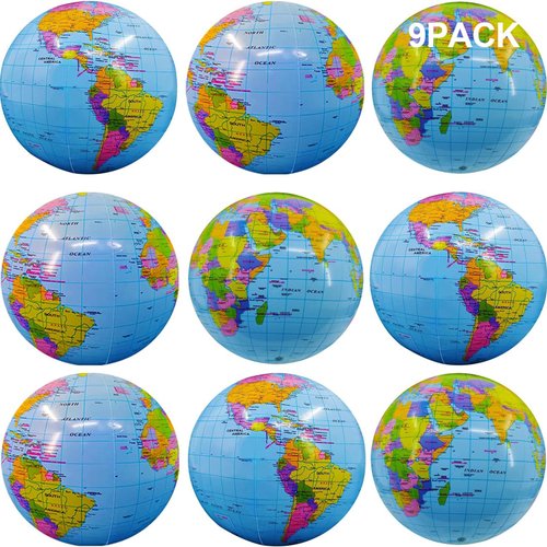 9 Pack Inflatable Beach Balls Bulk Jumbo 16" World Globe Pool Toys Balls for Pool, Beach, Summer Pool Party - Swimming Pool Game Water Beach Toys Kid Party Favor Luau Decorations Blow Up Beach Ball