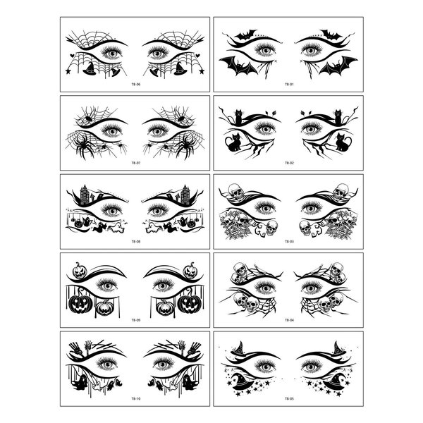 Halloween Face Temporary Tattoos Stickers Halloween Face Fake Tattoos Spider Web Bat Eyeliner Eye Shadow for Adults Face Stickers for Women 10 Sheets