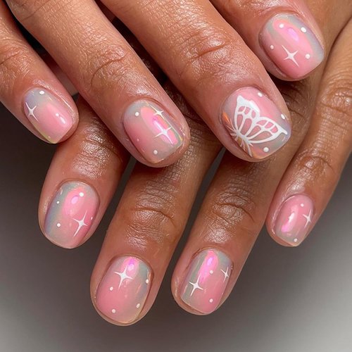 Chrome Press on Nails Medium Coffin Nails Full Cover Nail Tips Square Acrylic Nails Gradient Pink Fake Nails with Designs Aurora Solid Color False Nails Glossy Electroplating Glue on Nails for Women