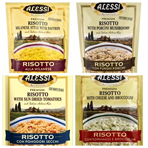 Alessi Premium Risotto 4 Flavor Bundle: Risotto Milanese Style with Saffron 8 oz, Risotto with Porcini Mushrooms 8 oz, Risotto with Dried Tomatoes 8 oz and Risotto with Cheese and Broccolini 6.5 oz.