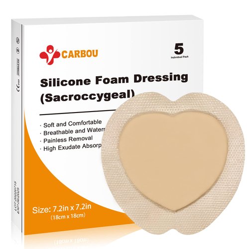 Carbou Silicone Wound Care Products, 7.2''x7.2''(18cm x18cm) Bordered Silicone Adhesive Sacral Foam Dressing,Silicone Wound Dressing,Box of 5 dressings