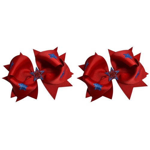 4th of July Little Miss Firecracker Sparkling Stars Hair Bow Set for Girls - (2) 4.5 inch Grosgrain Bows (Red)