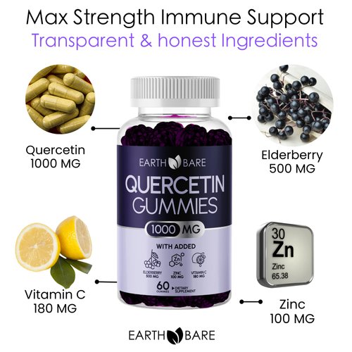 Earth Bare Quercetin Extra Strength Gummies + Vitamin C + Zinc + Elderberry Adults, Kids Boosted Immune Support | High-Potency Zinc Quercetin Gummies, Immunity Support | 1 Month Supply