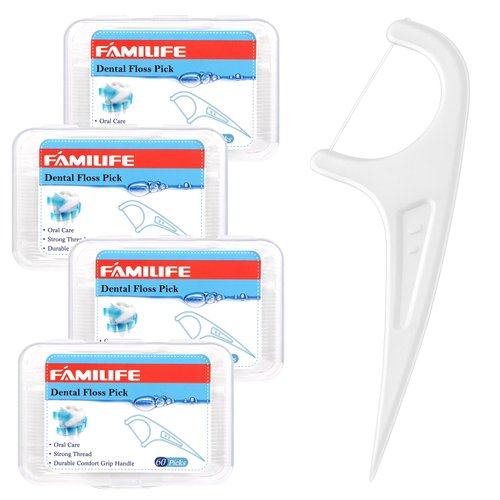FAMILIFE Floss Picks, 240 Count Unflavored Dental Floss Picks, Tooth Picks Flossers with 4 Travel Handy Cases, Helps to Fight Tooth Decay and Keep Your Teeth Clean, Floss Sticks for Family