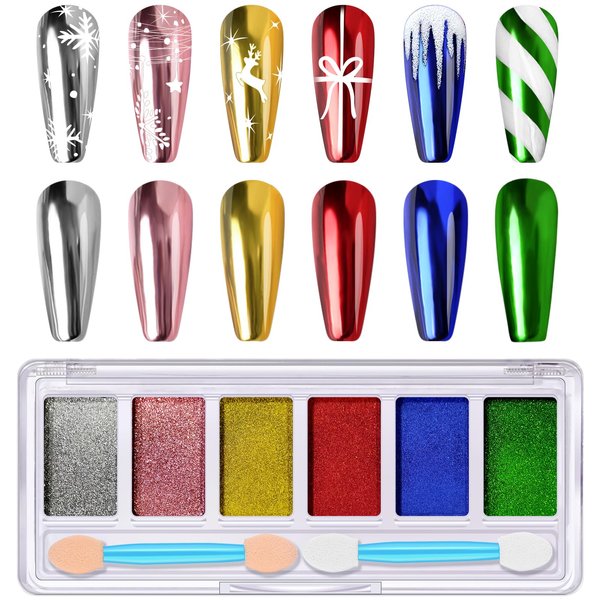 Christmas Chrome Nail Powder, Red Chrome Powder For Nails & X'mas Gold Green Metallic Mirror Nail Chrome Powder & Silver Rose Gold Pink Blue Purple Solid Chrome Powder for Nail Art