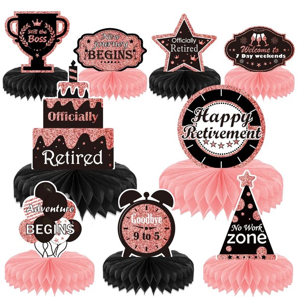 9PCS Retirement Party Decorations Rose Gold Retirement Party Centerpiece Honeycomb Glitter Table Toppers for Happy Retirement Party Supplies for Women