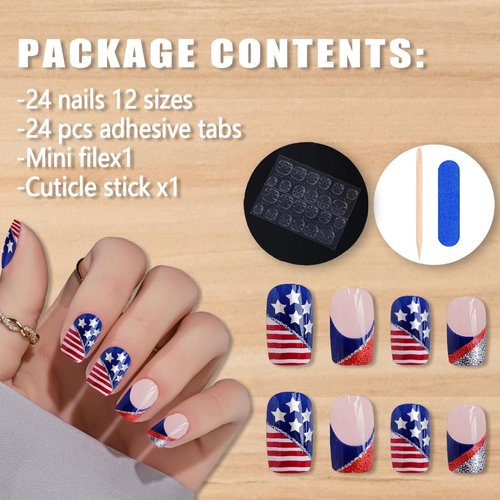 24 Pcs French Tip Press on Nails Short Square Nails Independence Day Fake Nails Supply 4th of July Acrylic Nails Star American Flag Patriotic Design Full Cover False Nails for Women and Girls