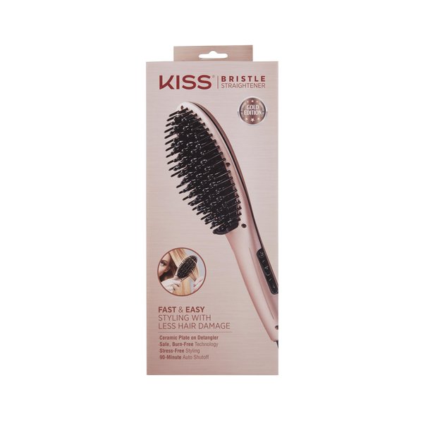 KISS Bristle Hair Straightener Heat Brush, Digital Temperature Control Up to 410°F, 90-Minute Auto Shutoff, Cool-Tip Ionic Bristles, Lightweight Handle, 360° Swivel Cord, Pink, 1.25 lbs